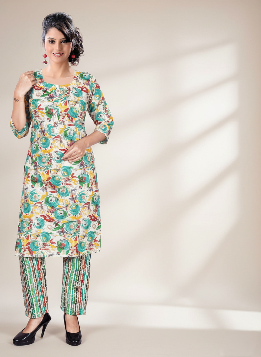 PickCell Capsule β Foil Print Kurti with Bottom (Rayon Fabric)