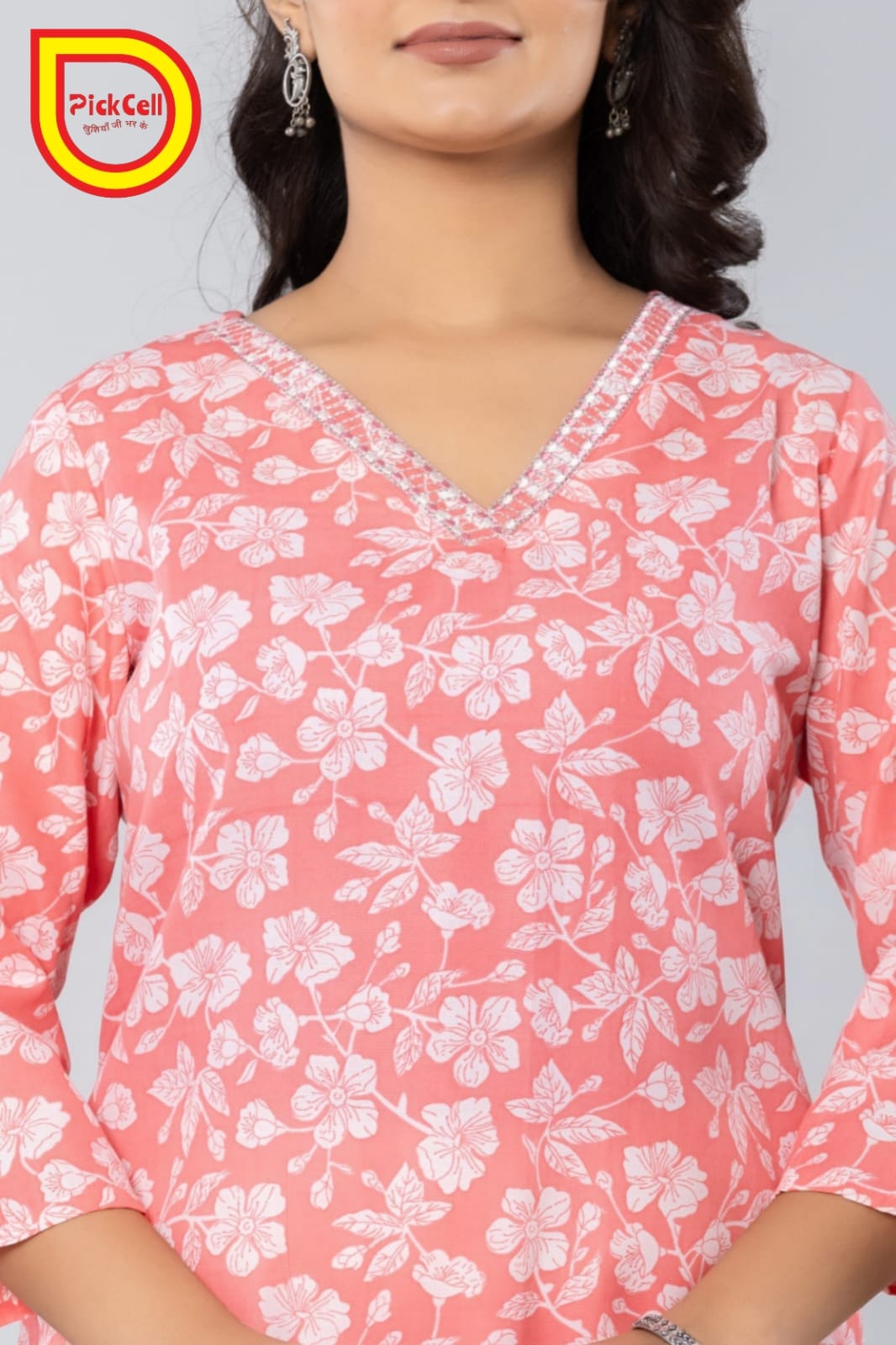 PickCell Printed Long Kurti – Poly Cotton Fabric (Pink)