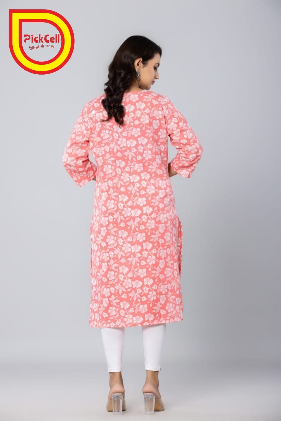 PickCell Printed Long Kurti – Poly Cotton Fabric (Pink)