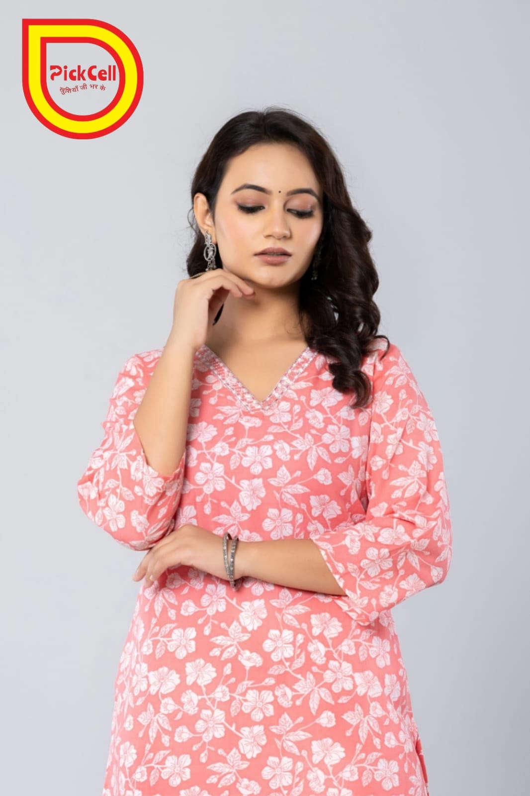 PickCell Printed Long Kurti – Poly Cotton Fabric (Pink)