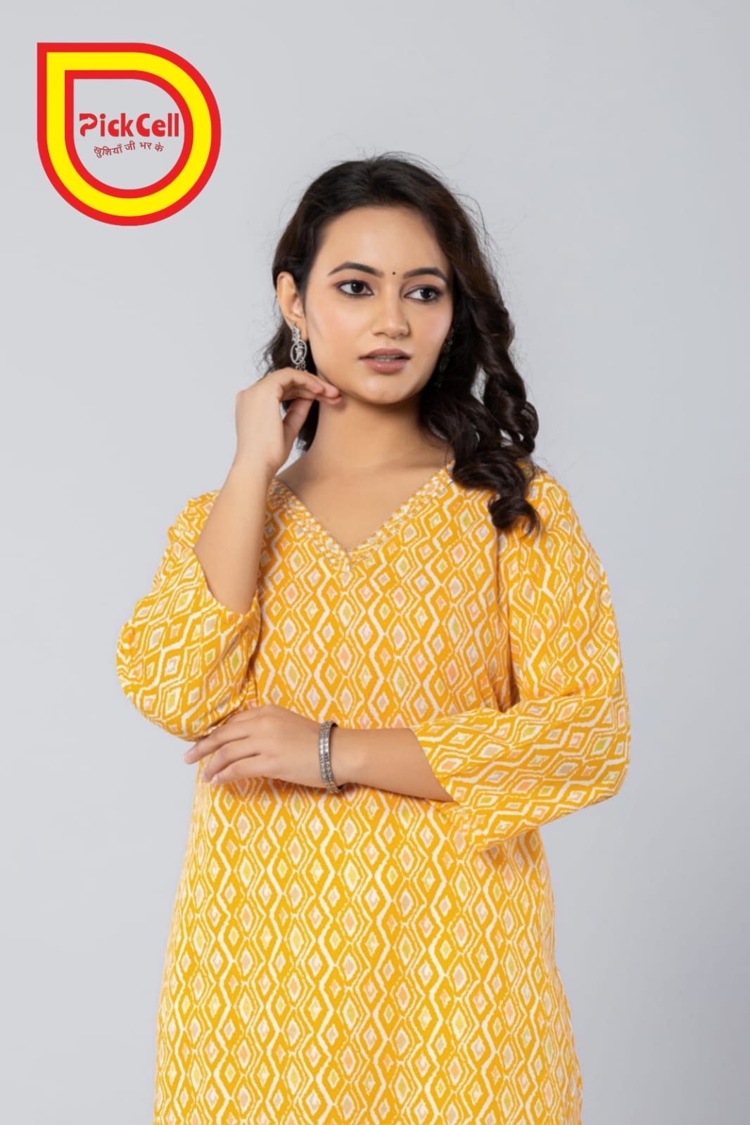 PickCell Printed Long Kurti – Poly Cotton Fabric (Yellow)