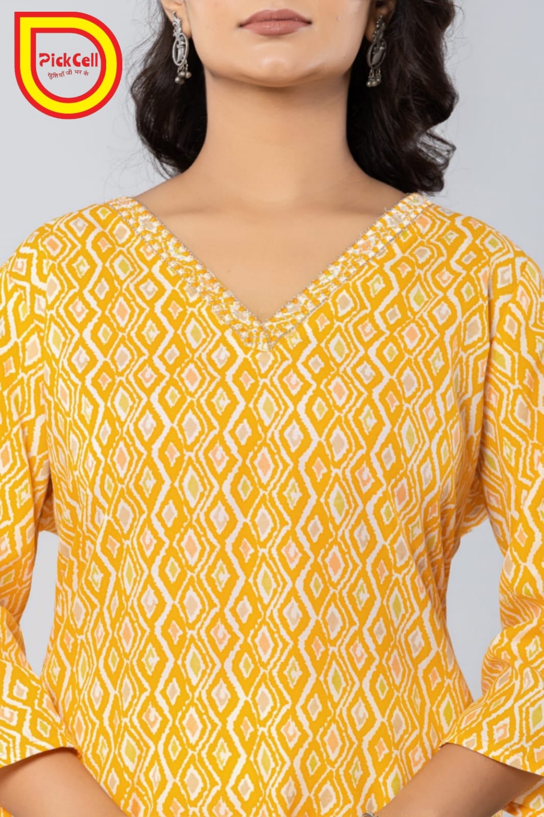 PickCell Printed Long Kurti – Poly Cotton Fabric (Yellow)