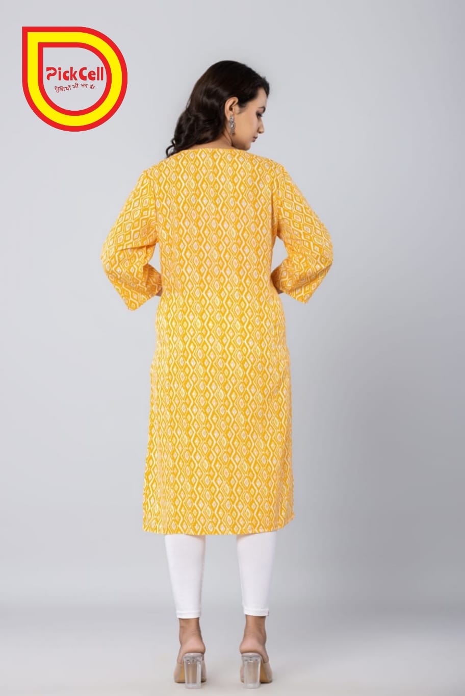 PickCell Printed Long Kurti – Poly Cotton Fabric (Yellow)