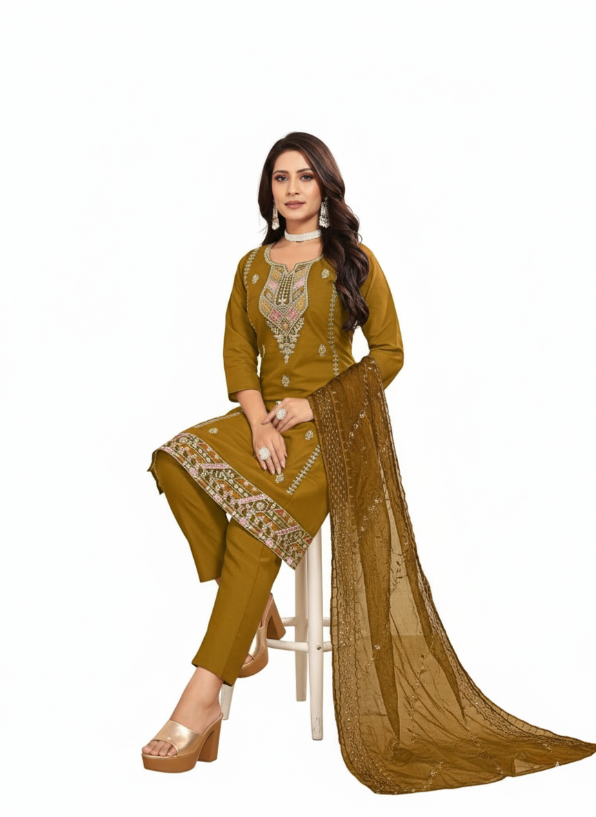 ✨ PickCell Roman Silk Embroidery Work Kurti Set (With Top, Bottom & Pakistani Organza Dupatta Work)