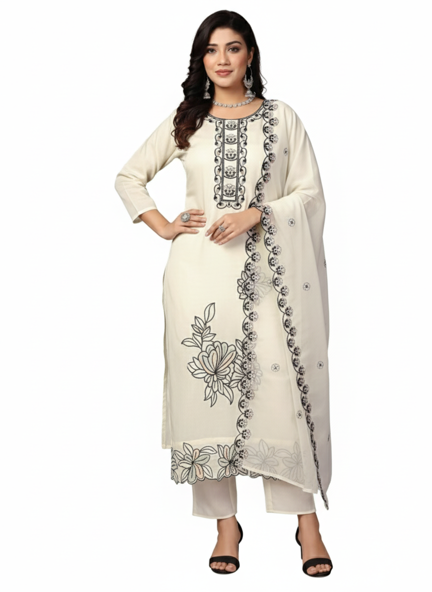 PickCell Roman Silk Embroidery Work Kurti Set | 3 Piece Suit with Dupatta for Women β Premium Ethnic Wear