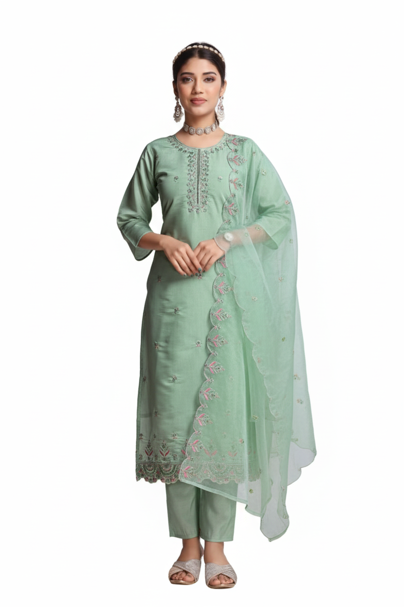 PickCell Roman Silk Embroidery Work Kurti Set | Designer Top Bottom Dupatta for Women β Ethnic Wear
