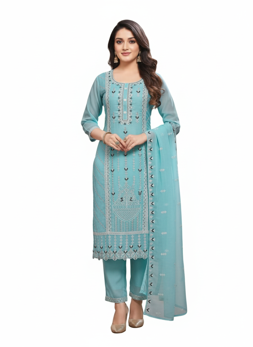 PickCell Premium Embroidery Work Kurti Set β Kurti, Bottom & Dupatta | Organza Fabric | Womenβs Designer Ethnic Wear
