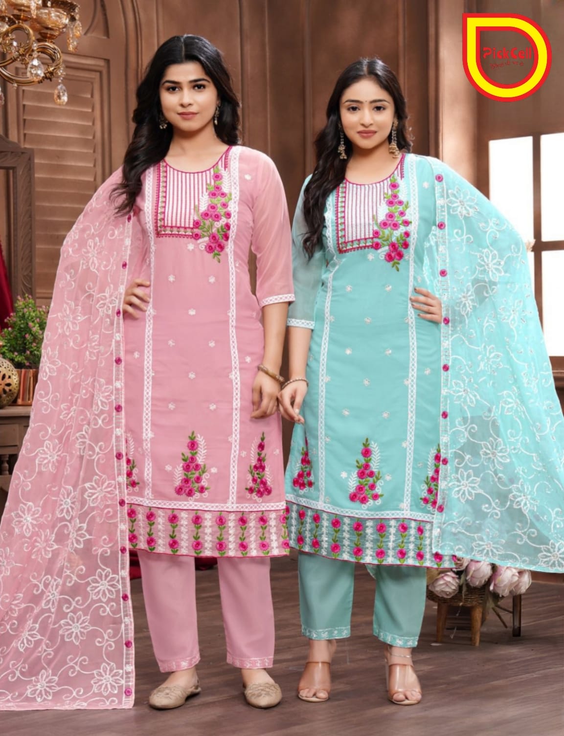 PickCell Premium Embroidery Work Kurti Set – Pakistani Organza 3 Piece Suit (Kurti, Bottom & Embroidered Dupatta) | Women’s Designer Ethnic Wear