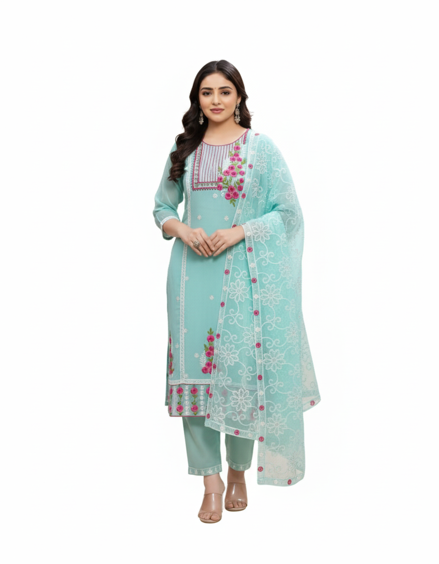 PickCell Premium Embroidery Work Kurti Set β Pakistani Organza 3 Piece Suit (Kurti, Bottom & Embroidered Dupatta) | Womenβs Designer Ethnic Wear