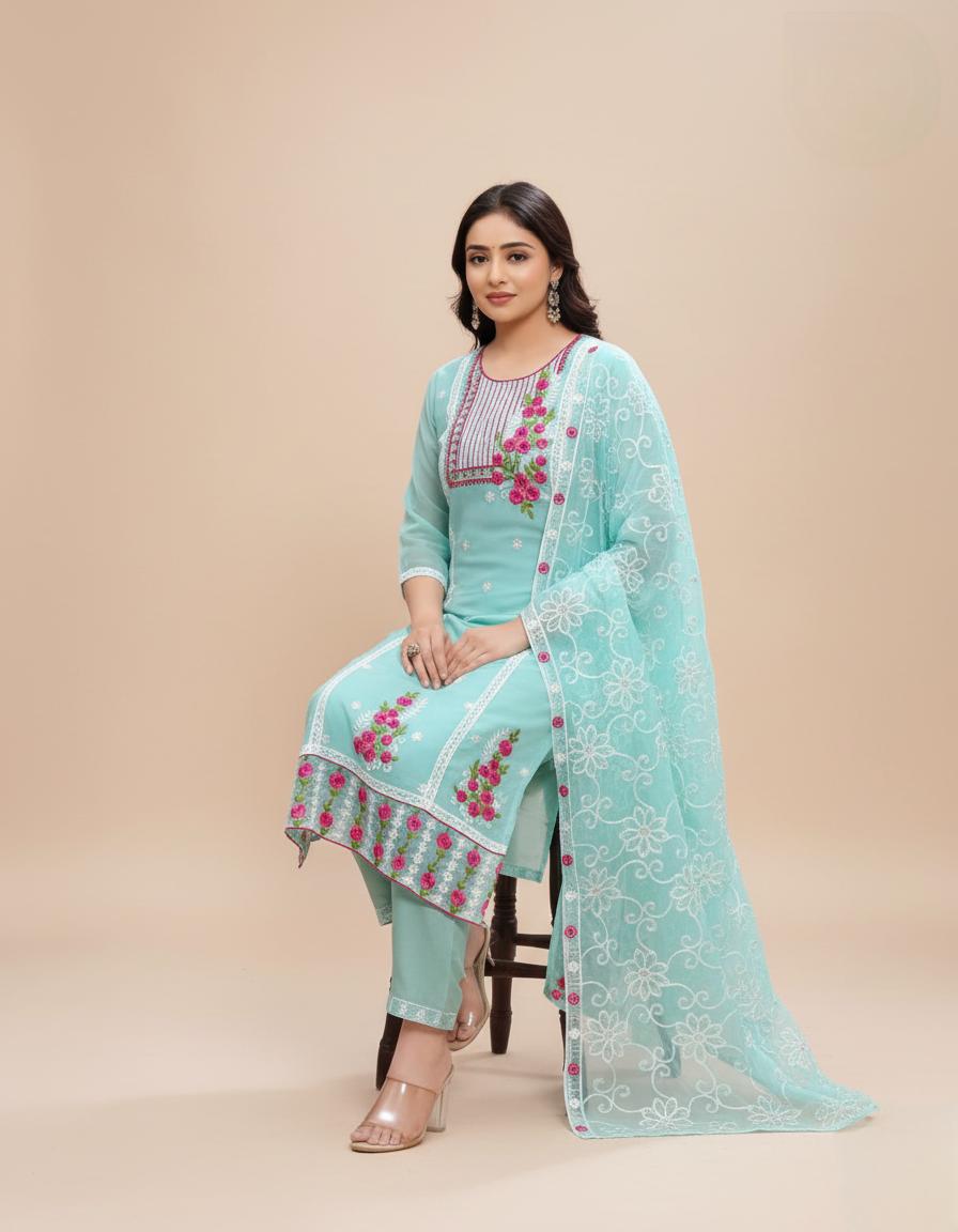 PickCell Premium Embroidery Work Kurti Set β Pakistani Organza 3 Piece Suit (Kurti, Bottom & Embroidered Dupatta) | Womenβs Designer Ethnic Wear
