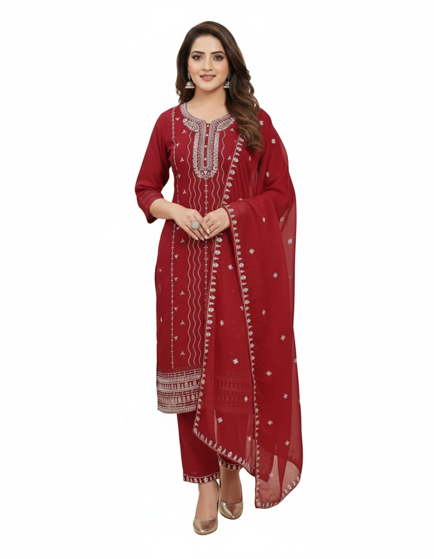 PickCell Embroidery Work Kurti Set β Roman Silk 3 Piece Suit (Kurti, Bottom & Dupatta) | Stylish Ethnic Wear for Women