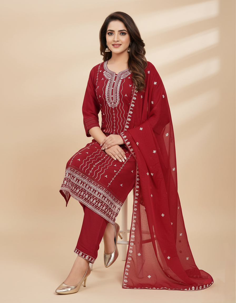 PickCell Embroidery Work Kurti Set β Roman Silk 3 Piece Suit (Kurti, Bottom & Dupatta) | Stylish Ethnic Wear for Women