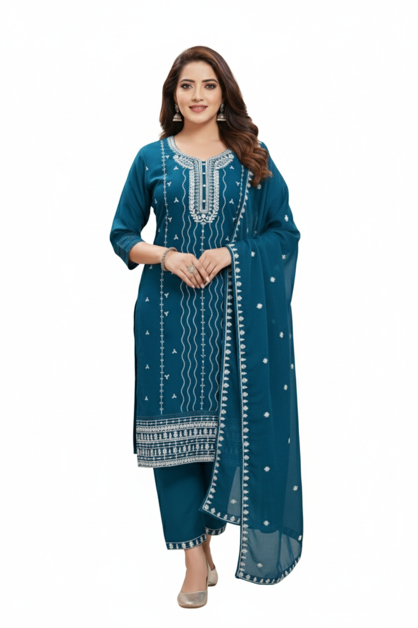 PickCell Embroidery Work Kurti Set β Roman Silk 3 Piece Suit (Kurti, Bottom & Dupatta) | Stylish Ethnic Wear for Women