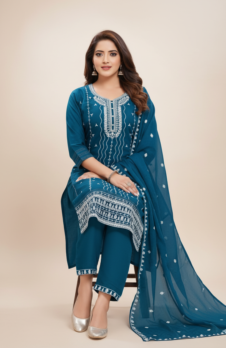 PickCell Embroidery Work Kurti Set β Roman Silk 3 Piece Suit (Kurti, Bottom & Dupatta) | Stylish Ethnic Wear for Women