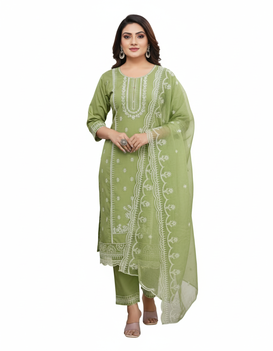 PickCell Embroidery Work Kurti Set β Roman Silk 3 Piece Suit (Kurti, Bottom & Dupatta) | Premium Designer Womenβs Ethnic Wear