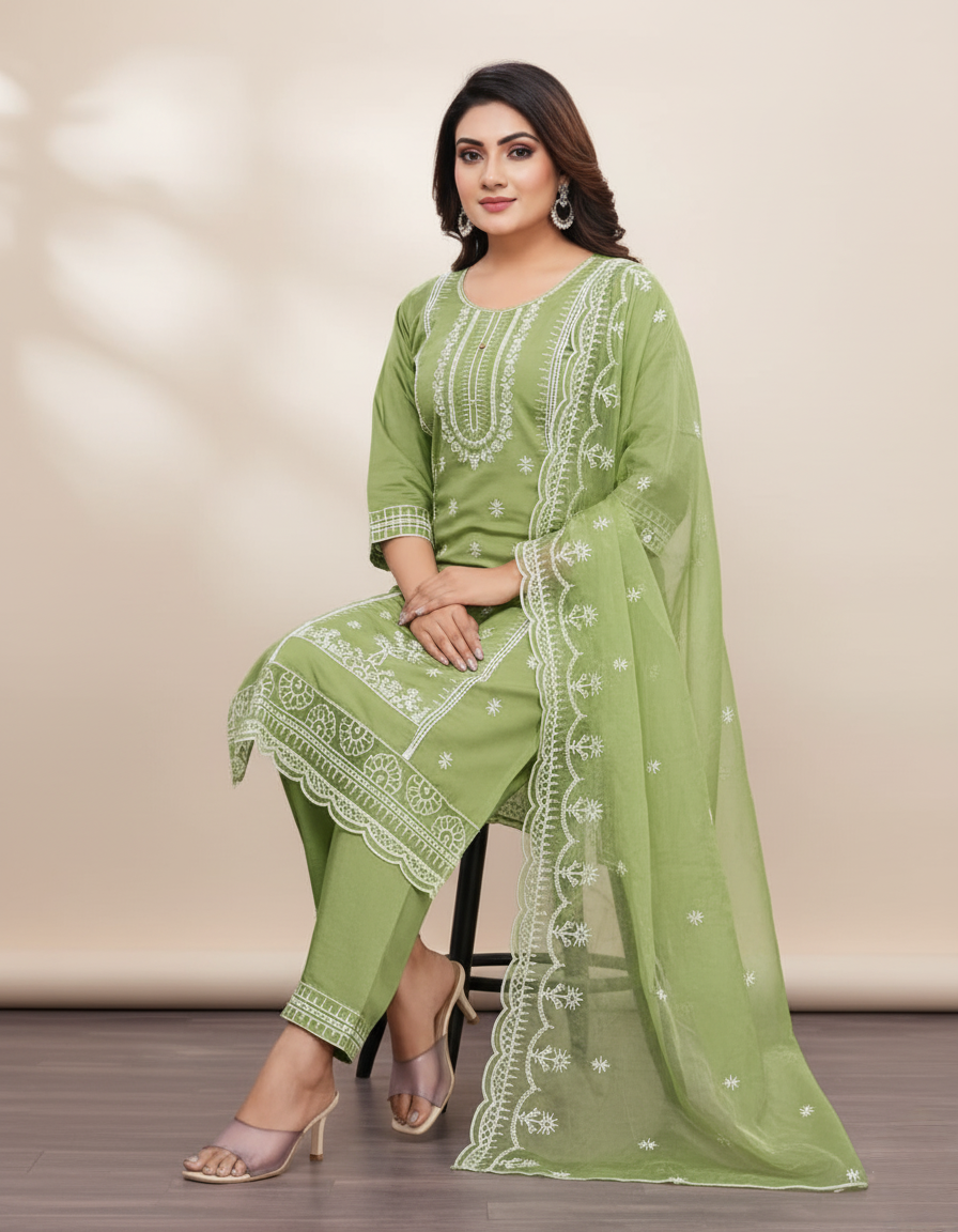 PickCell Embroidery Work Kurti Set β Roman Silk 3 Piece Suit (Kurti, Bottom & Dupatta) | Premium Designer Womenβs Ethnic Wear