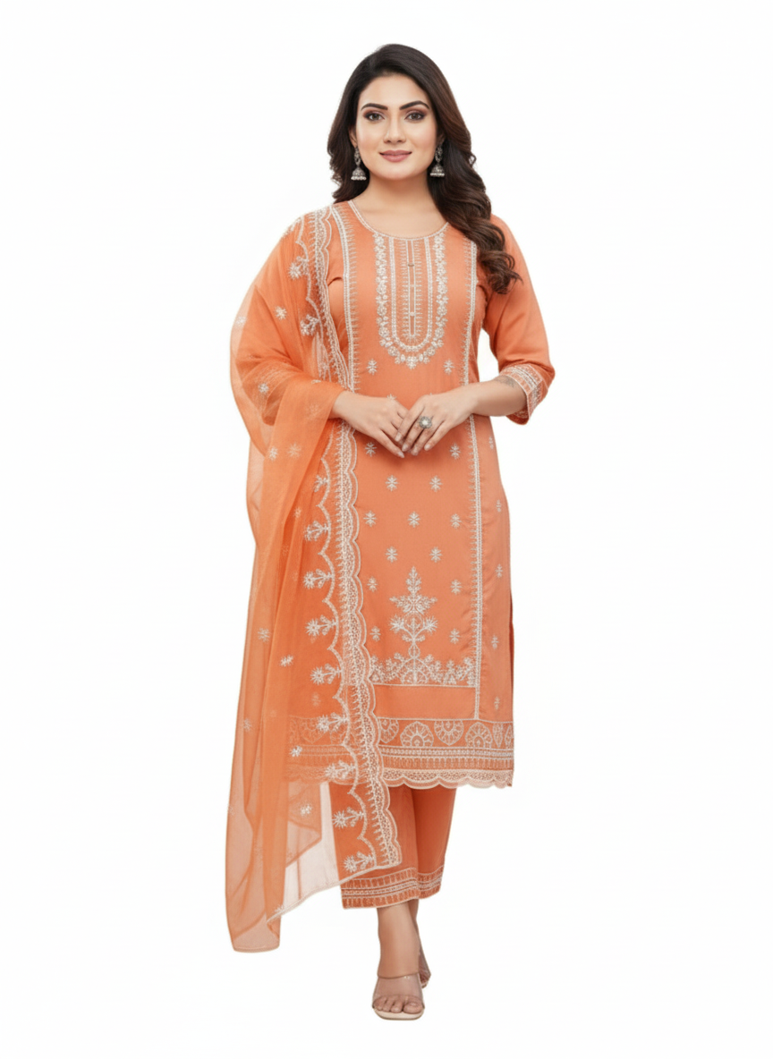 PickCell Embroidery Work Kurti Set β Roman Silk 3 Piece Suit (Kurti, Bottom & Dupatta) | Premium Designer Womenβs Ethnic Wear