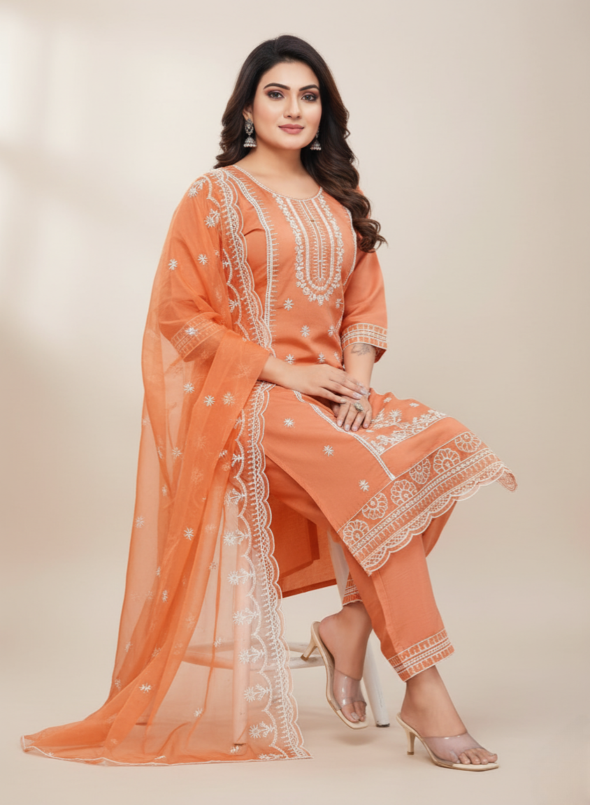 PickCell Embroidery Work Kurti Set β Roman Silk 3 Piece Suit (Kurti, Bottom & Dupatta) | Premium Designer Womenβs Ethnic Wear