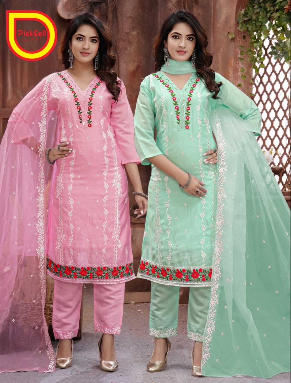PickCell Roman Silk Embroidery Kurti Set with Bottom & Dupatta – Premium Women’s Ethnic Suit for Party & Festive Wear
