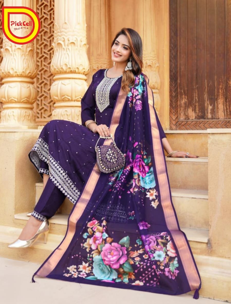 PickCell Roman Silk Embroidered Kurti Set with Bottom & Dupatta – Premium Women’s Ethnic Wear for Party & Festive Look