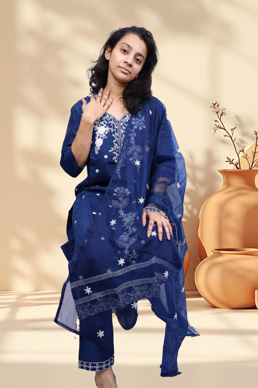 PickCell Embroidery Work Kurti Set – Roman Silk 3 Piece Suit (Kurti, Bottom & Dupatta) | Stylish Ethnic Wear for Women