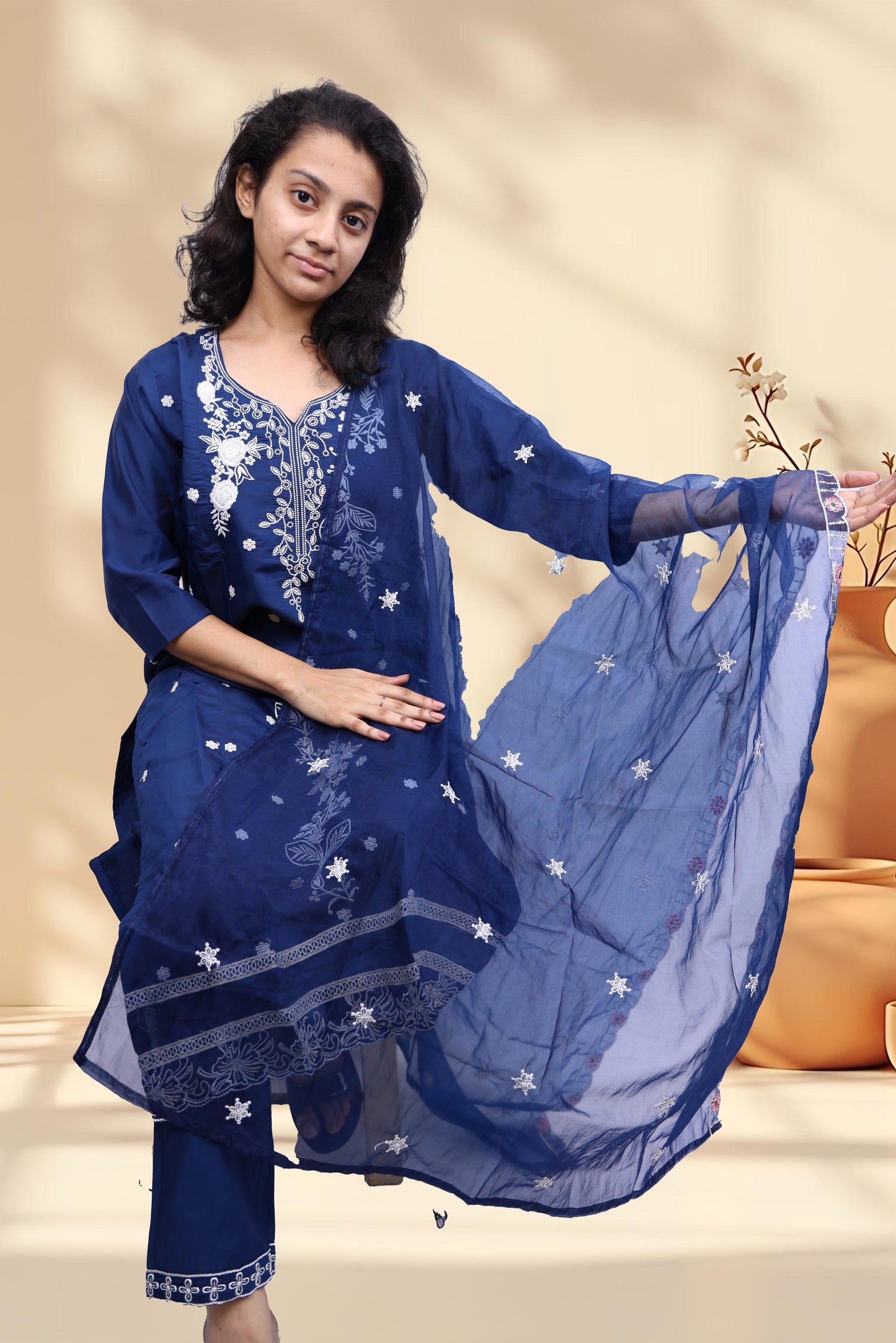 PickCell Embroidery Work Kurti Set – Roman Silk 3 Piece Suit (Kurti, Bottom & Dupatta) | Stylish Ethnic Wear for Women