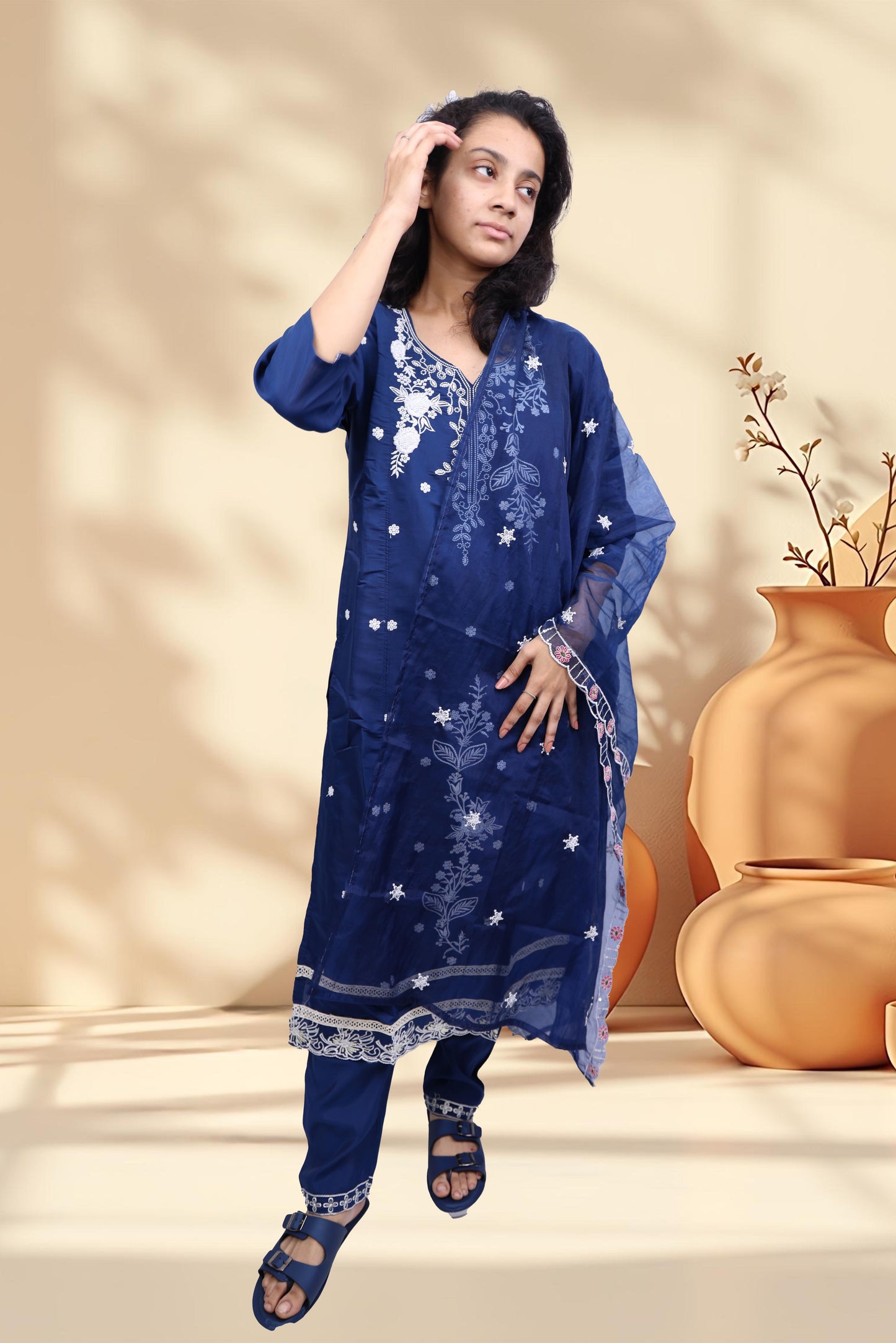 PickCell Embroidery Work Kurti Set – Roman Silk 3 Piece Suit (Kurti, Bottom & Dupatta) | Stylish Ethnic Wear for Women