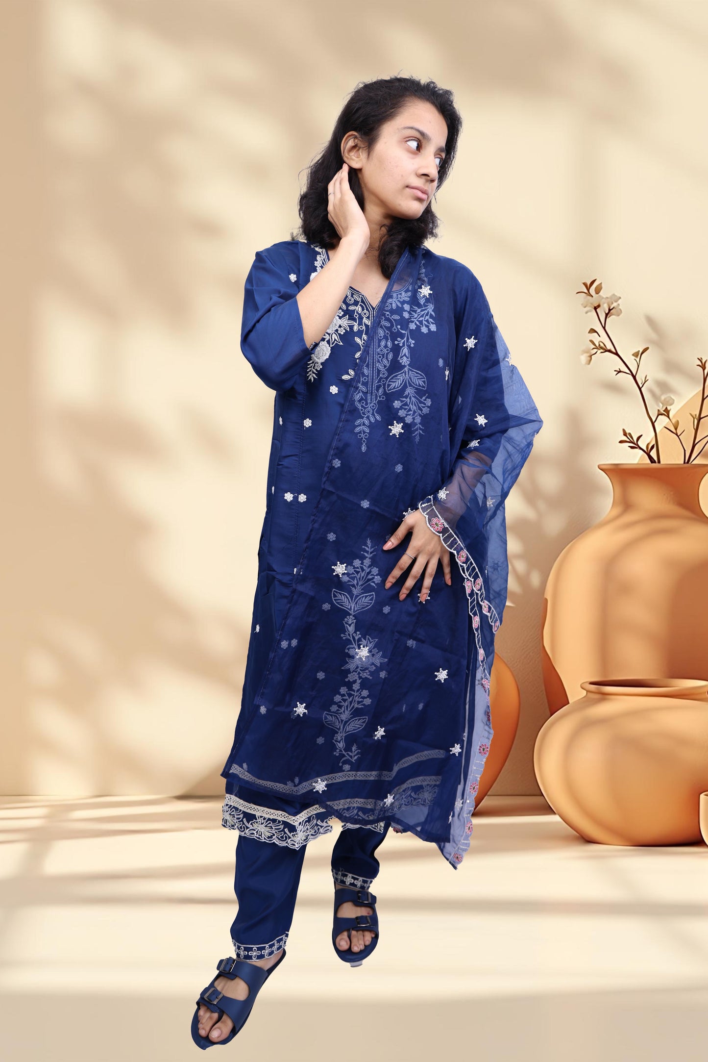 PickCell Embroidery Work Kurti Set – Roman Silk 3 Piece Suit (Kurti, Bottom & Dupatta) | Stylish Ethnic Wear for Women