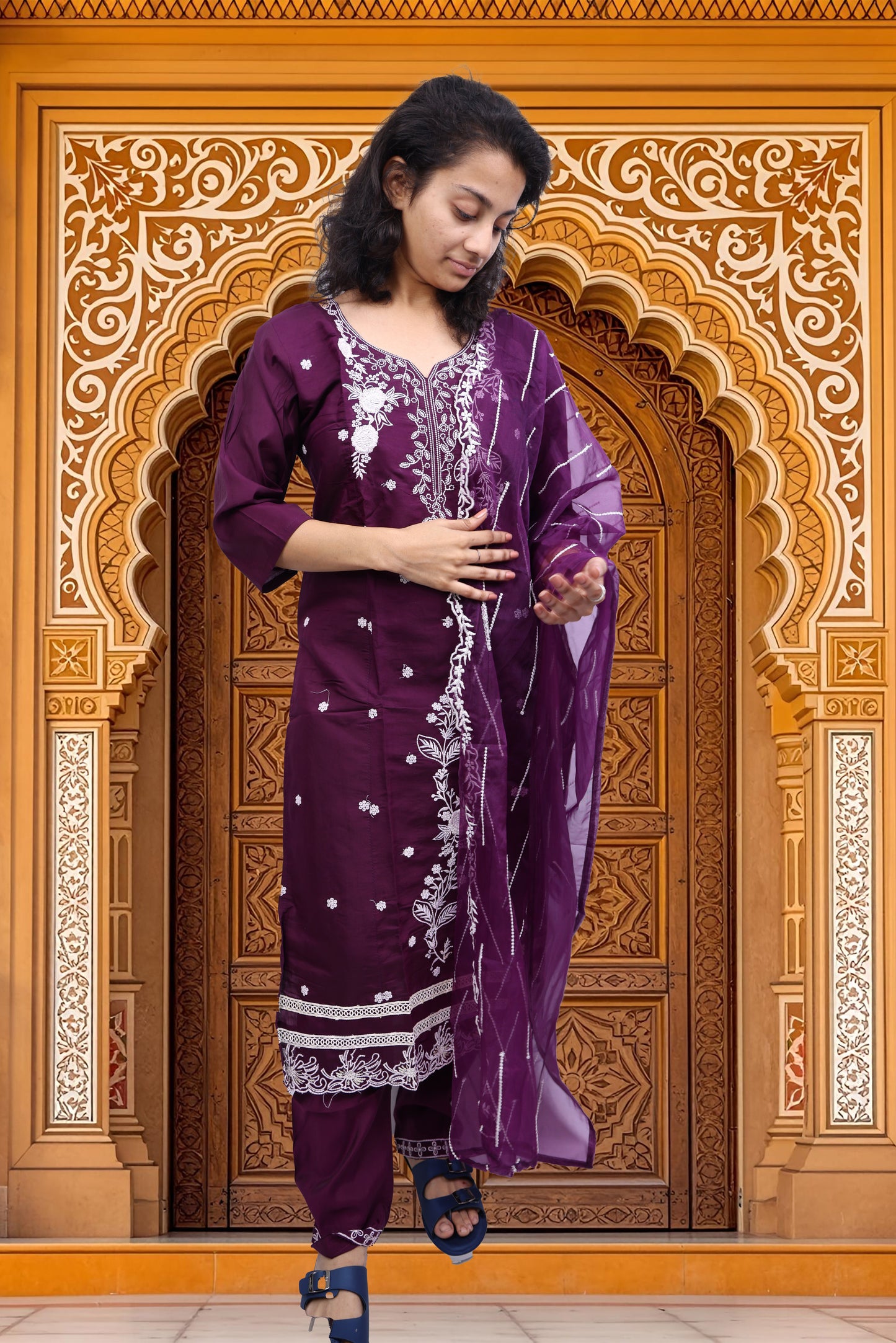 PickCell Embroidery Work Kurti Set – Roman Silk 3 Piece Suit (Kurti, Bottom & Dupatta) | Stylish Ethnic Wear for Women