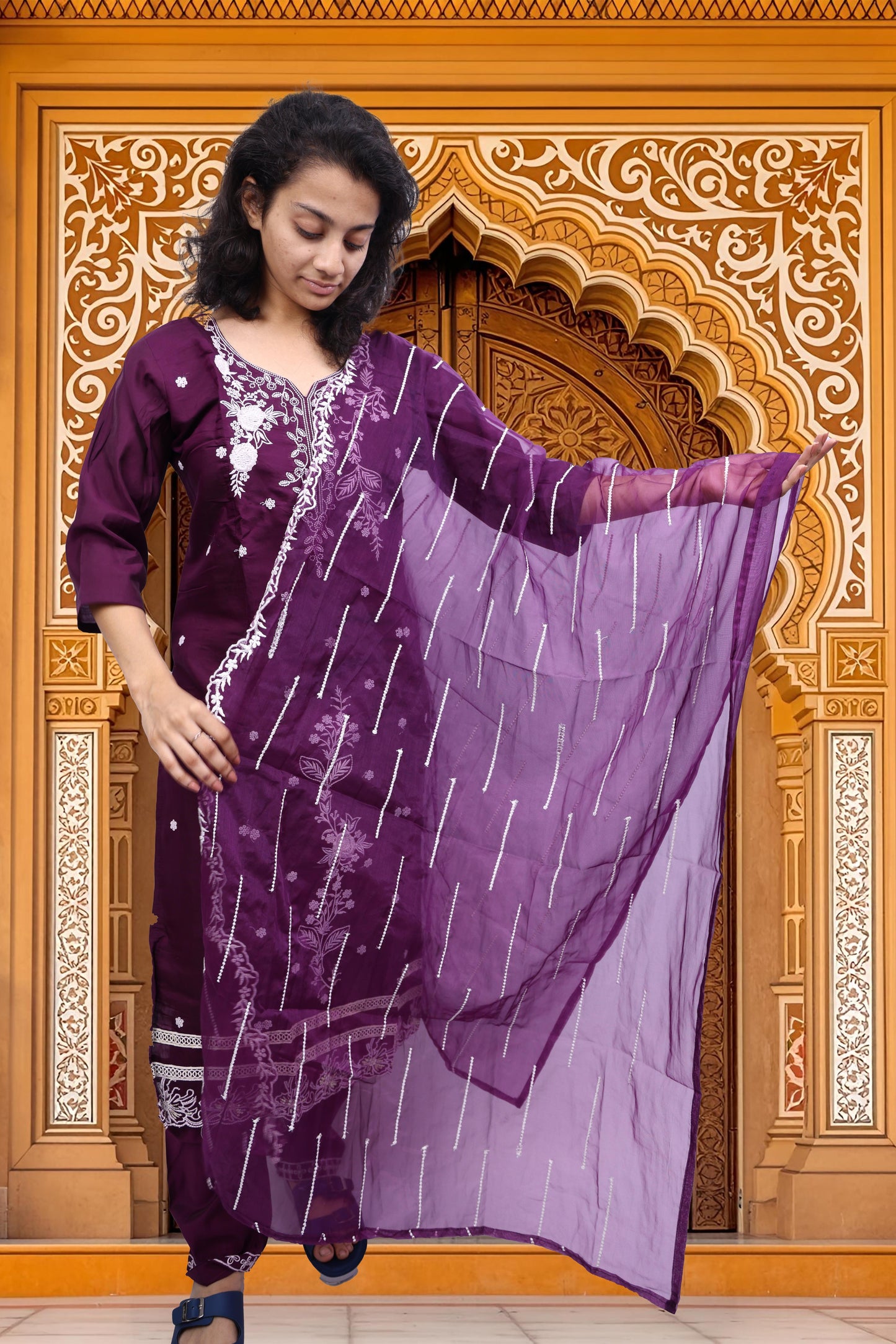 PickCell Embroidery Work Kurti Set – Roman Silk 3 Piece Suit (Kurti, Bottom & Dupatta) | Stylish Ethnic Wear for Women
