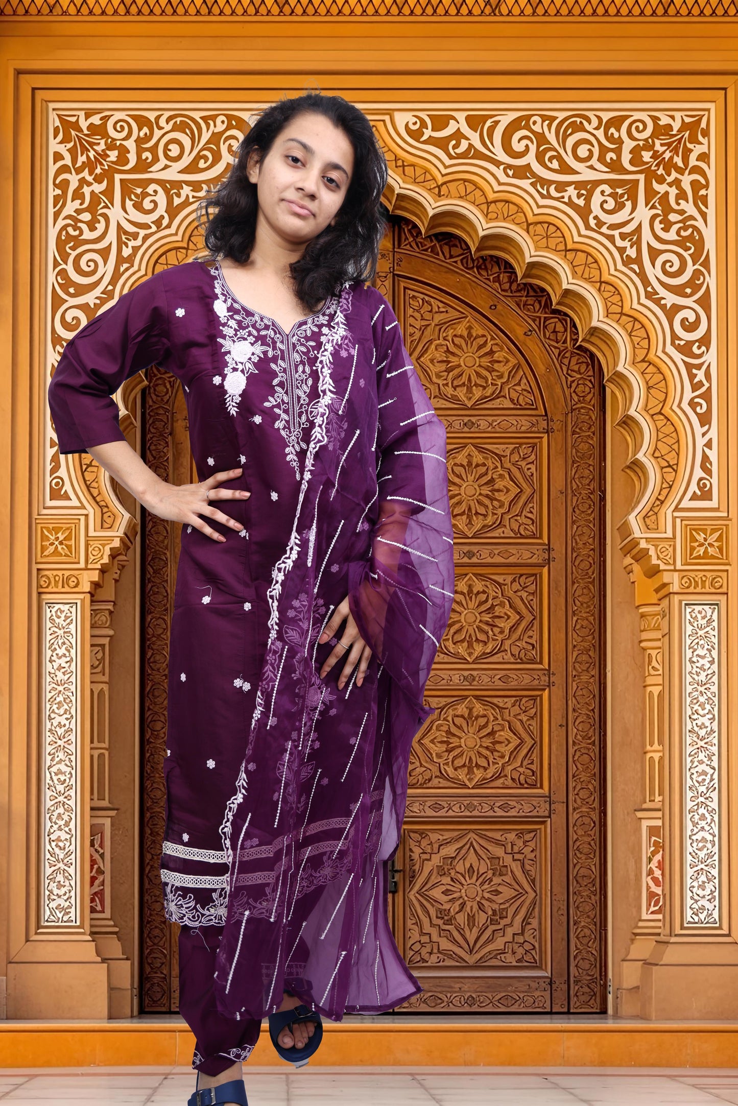 PickCell Embroidery Work Kurti Set – Roman Silk 3 Piece Suit (Kurti, Bottom & Dupatta) | Stylish Ethnic Wear for Women