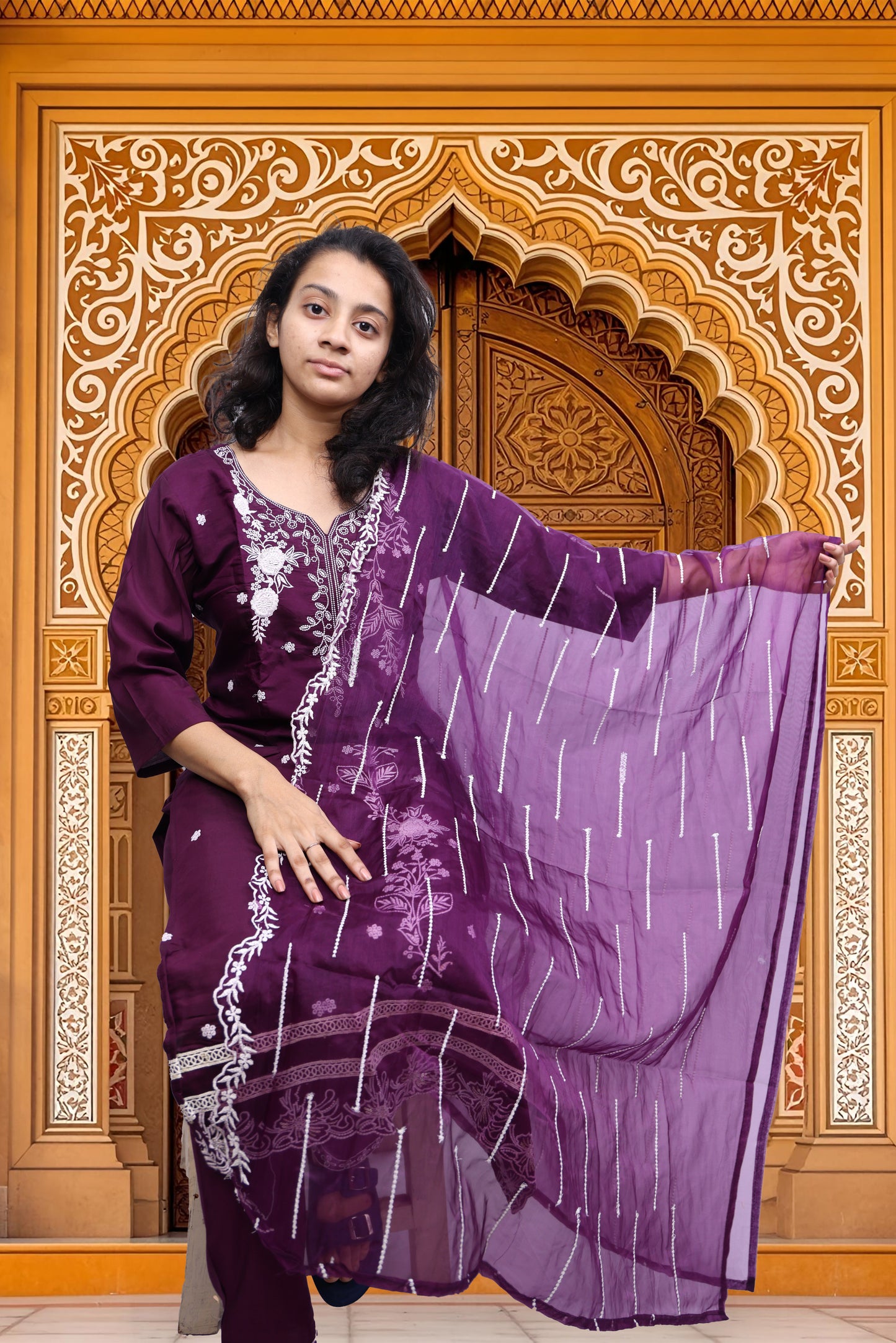 PickCell Embroidery Work Kurti Set – Roman Silk 3 Piece Suit (Kurti, Bottom & Dupatta) | Stylish Ethnic Wear for Women