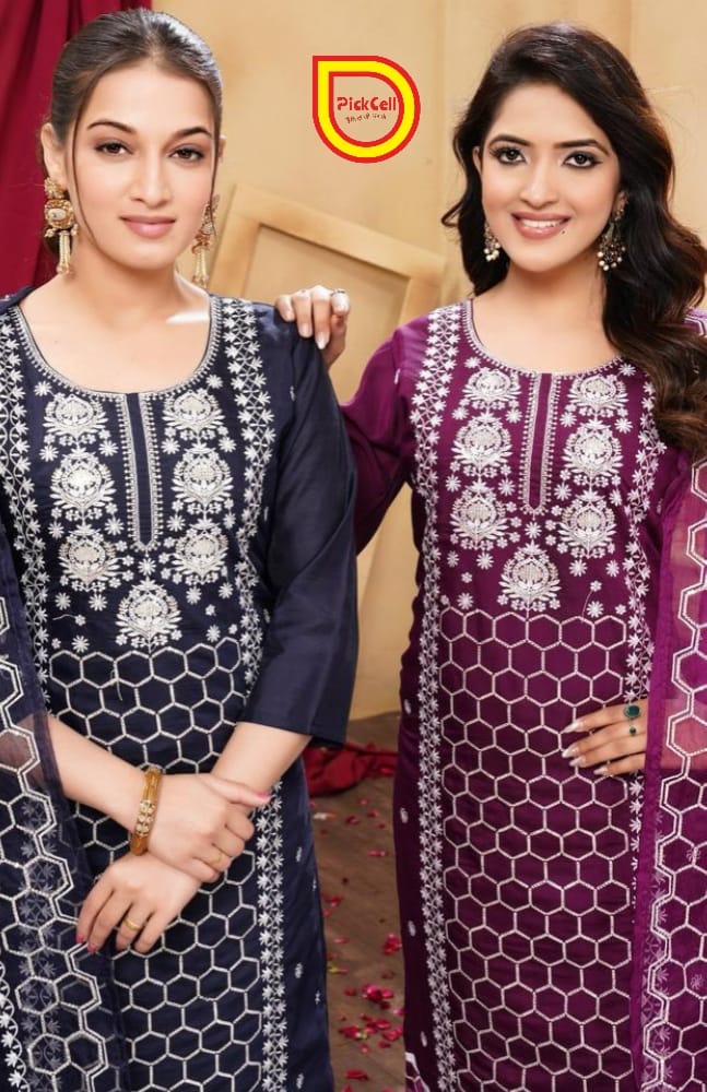 PickCell Roman Silk Embroidered Kurti Set with Bottom & Dupatta – Premium Women’s Ethnic Wear for Party & Festive Look