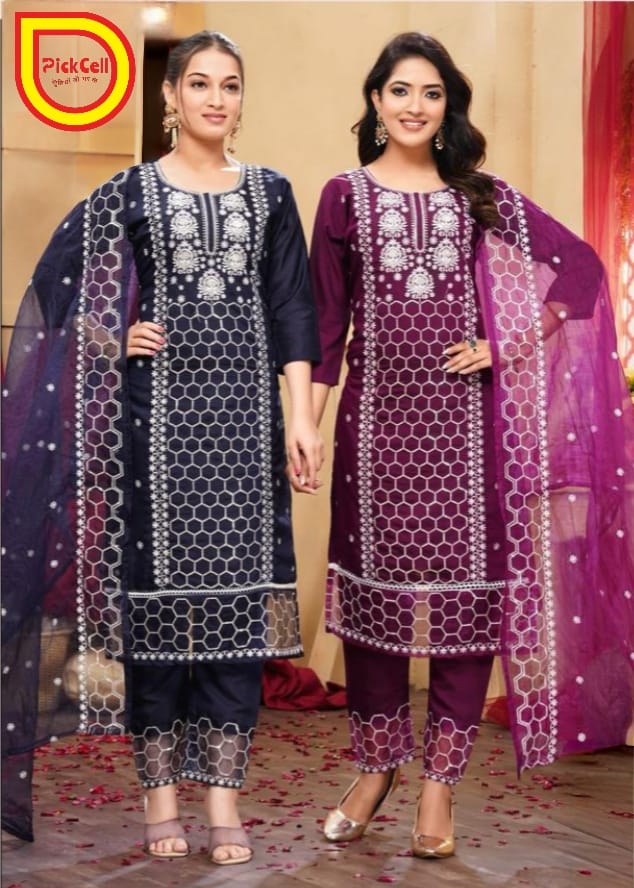 PickCell Roman Silk Embroidered Kurti Set with Bottom & Dupatta – Premium Women’s Ethnic Wear for Party & Festive Look