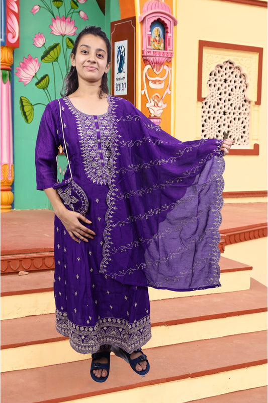 PickCell Embroidery Work Ghera Kurti Set with Bottom & Dupatta – Premium Women’s Ethnic Wear in Vichitra Fabric