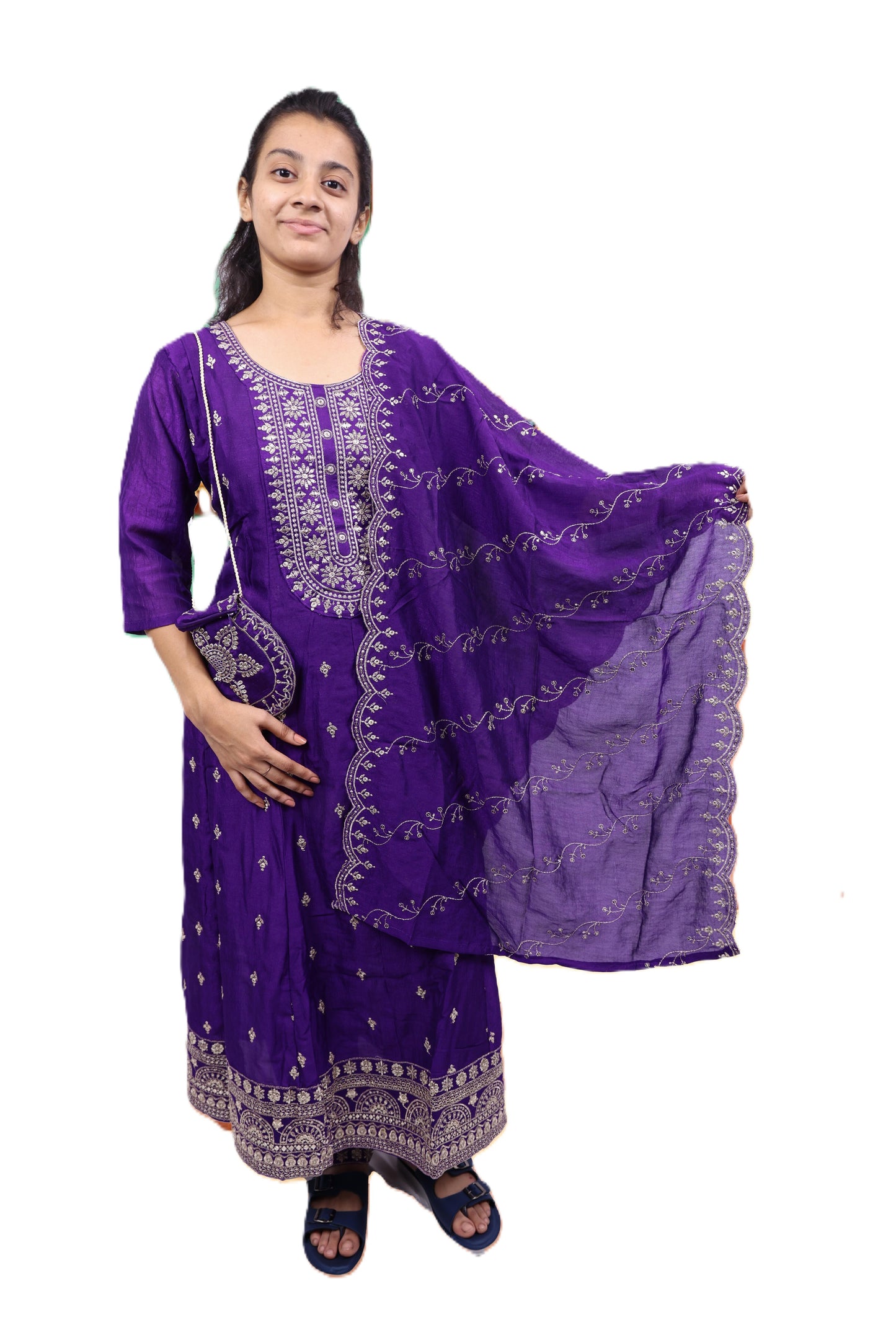 PickCell Embroidery Work Ghera Kurti Set with Bottom & Dupatta β Premium Womenβs Ethnic Wear in Vichitra Fabric