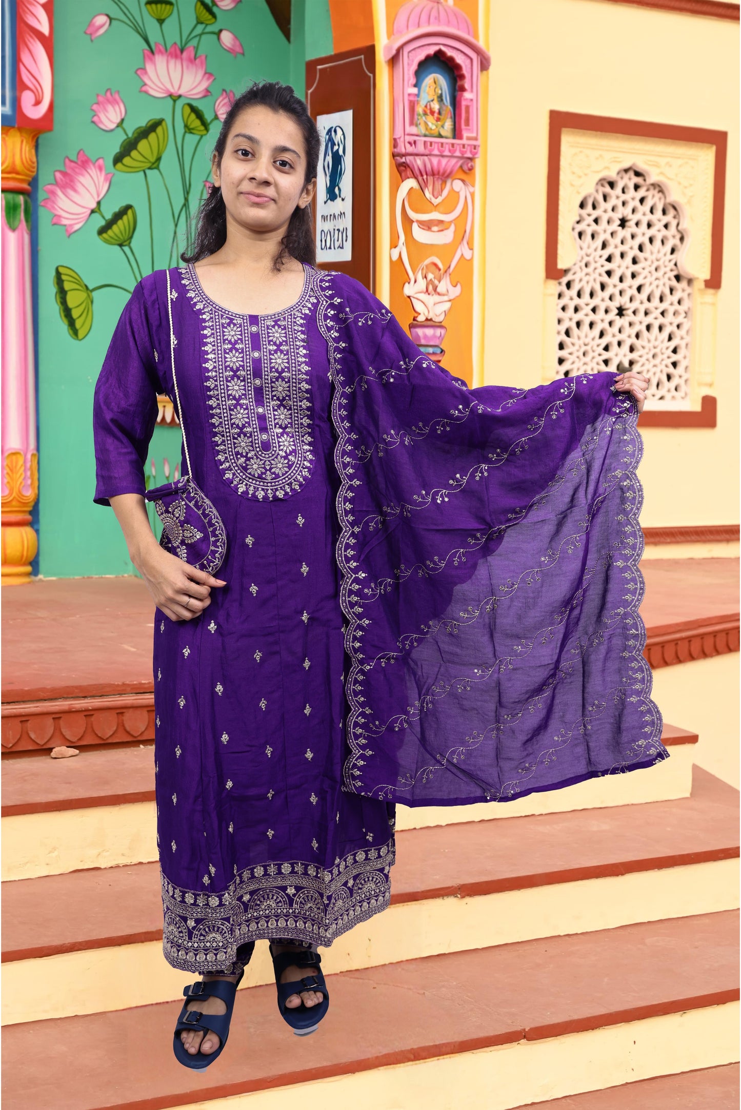 PickCell Embroidery Work Ghera Kurti Set with Bottom & Dupatta β Premium Womenβs Ethnic Wear in Vichitra Fabric