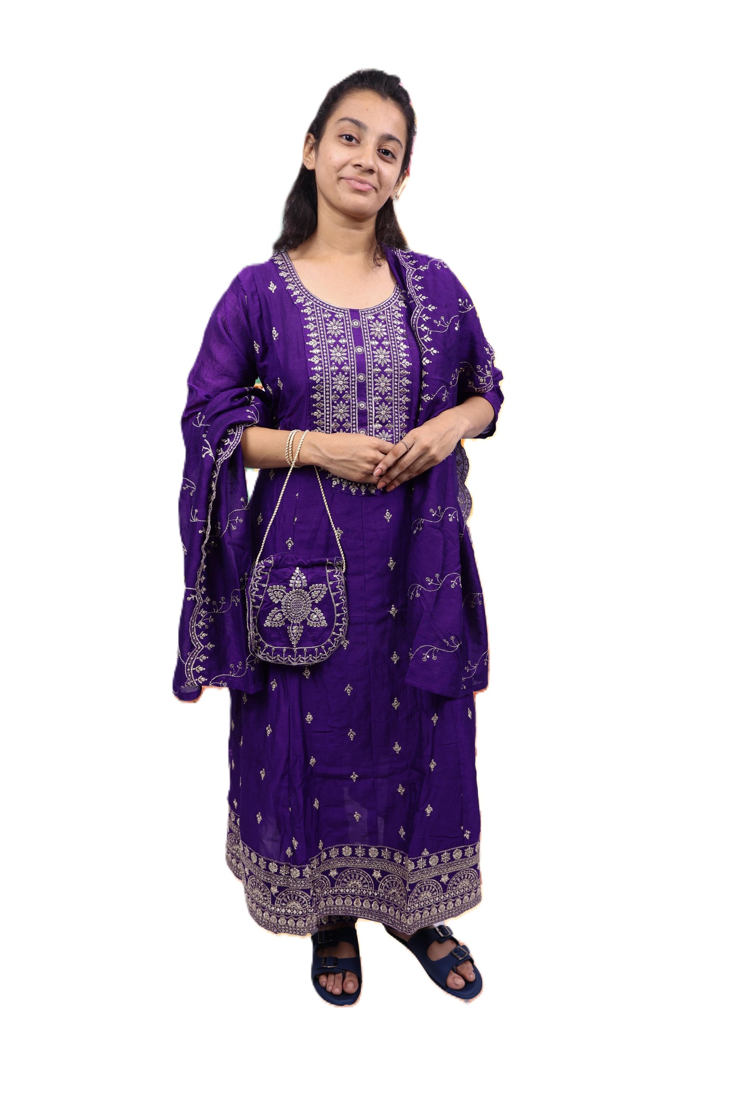 PickCell Embroidery Work Ghera Kurti Set with Bottom & Dupatta β Premium Womenβs Ethnic Wear in Vichitra Fabric