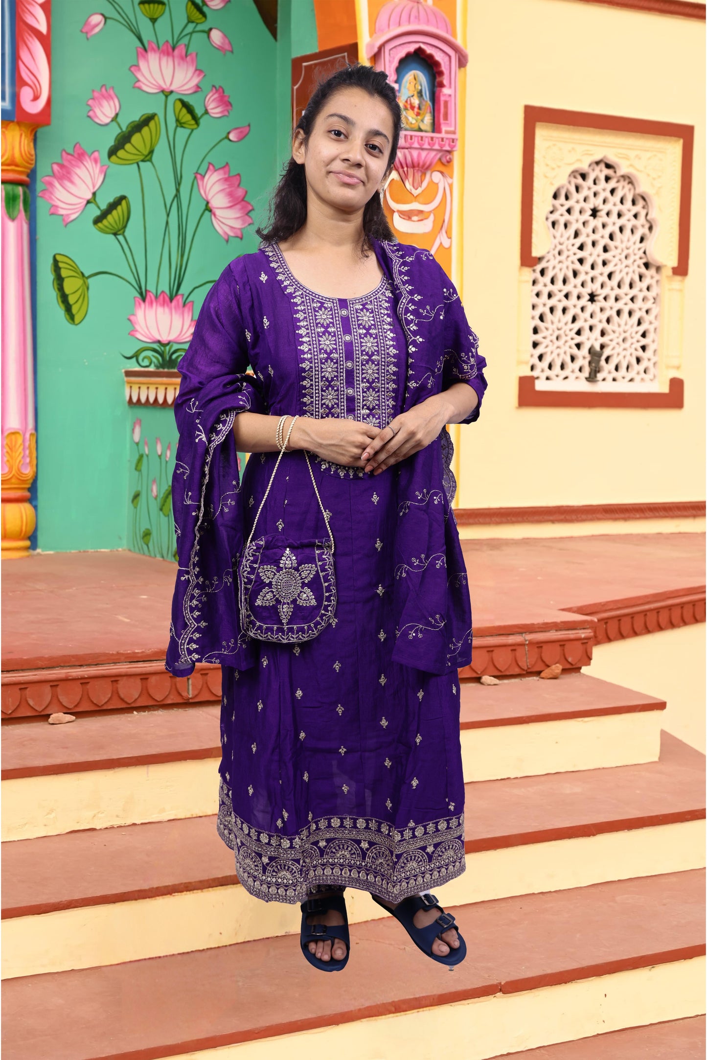 PickCell Embroidery Work Ghera Kurti Set with Bottom & Dupatta β Premium Womenβs Ethnic Wear in Vichitra Fabric