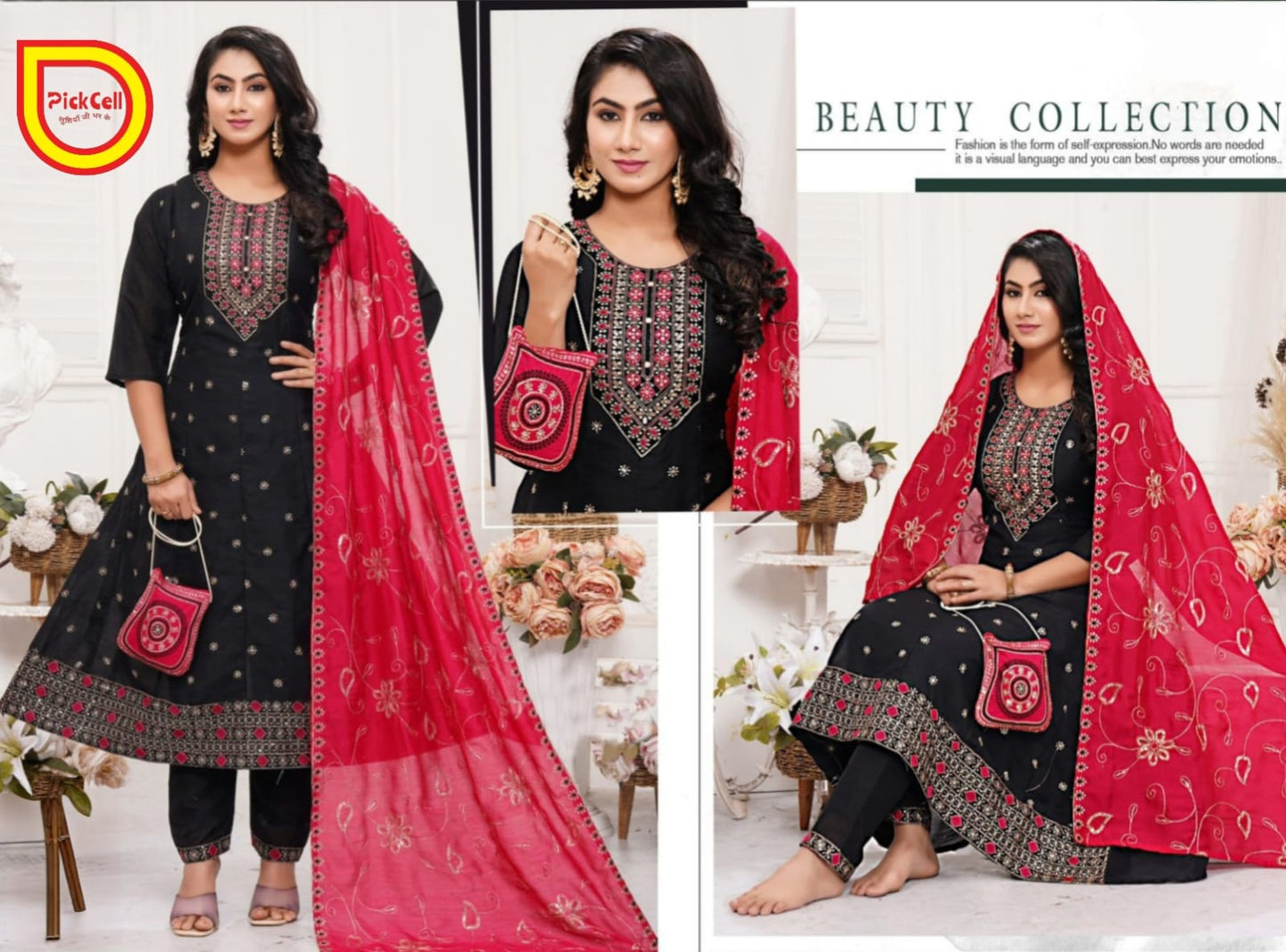 PickCell Flared Ghera Kurti Set with Bottom & Dupatta – Vichitra Fabric Designer Ethnic Wear for Women