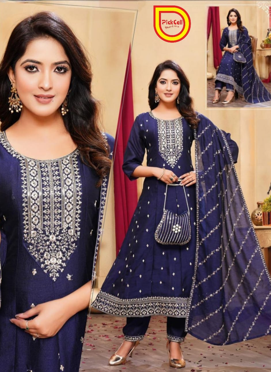 PickCell Embroidery Work Kurti Set – Kurti + Bottom + Dupatta | Vichitra Fabric | Trendy Ethnic Wear for Women & Girls