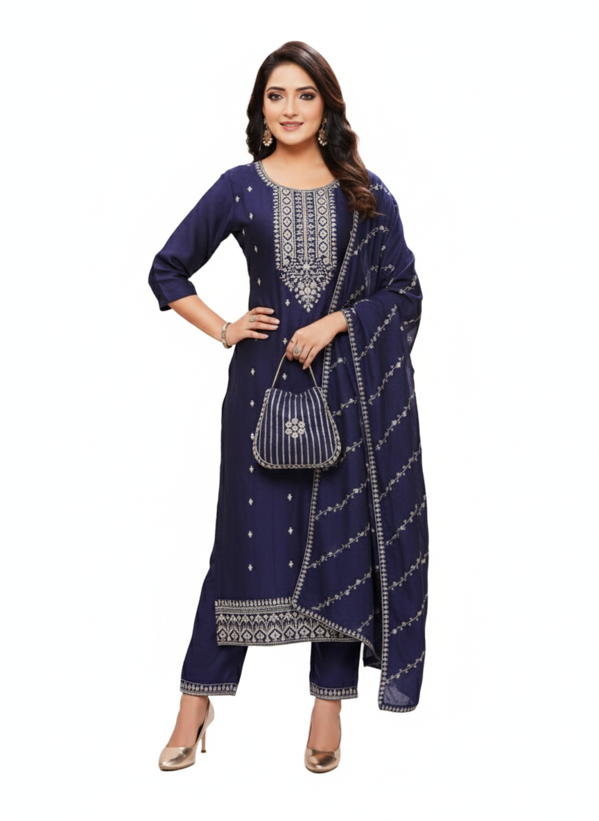 PickCell Embroidery Work Kurti Set Kurti + Bottom + Dupatta | Vichitra Fabric | Trendy Ethnic Wear for Women & Girls