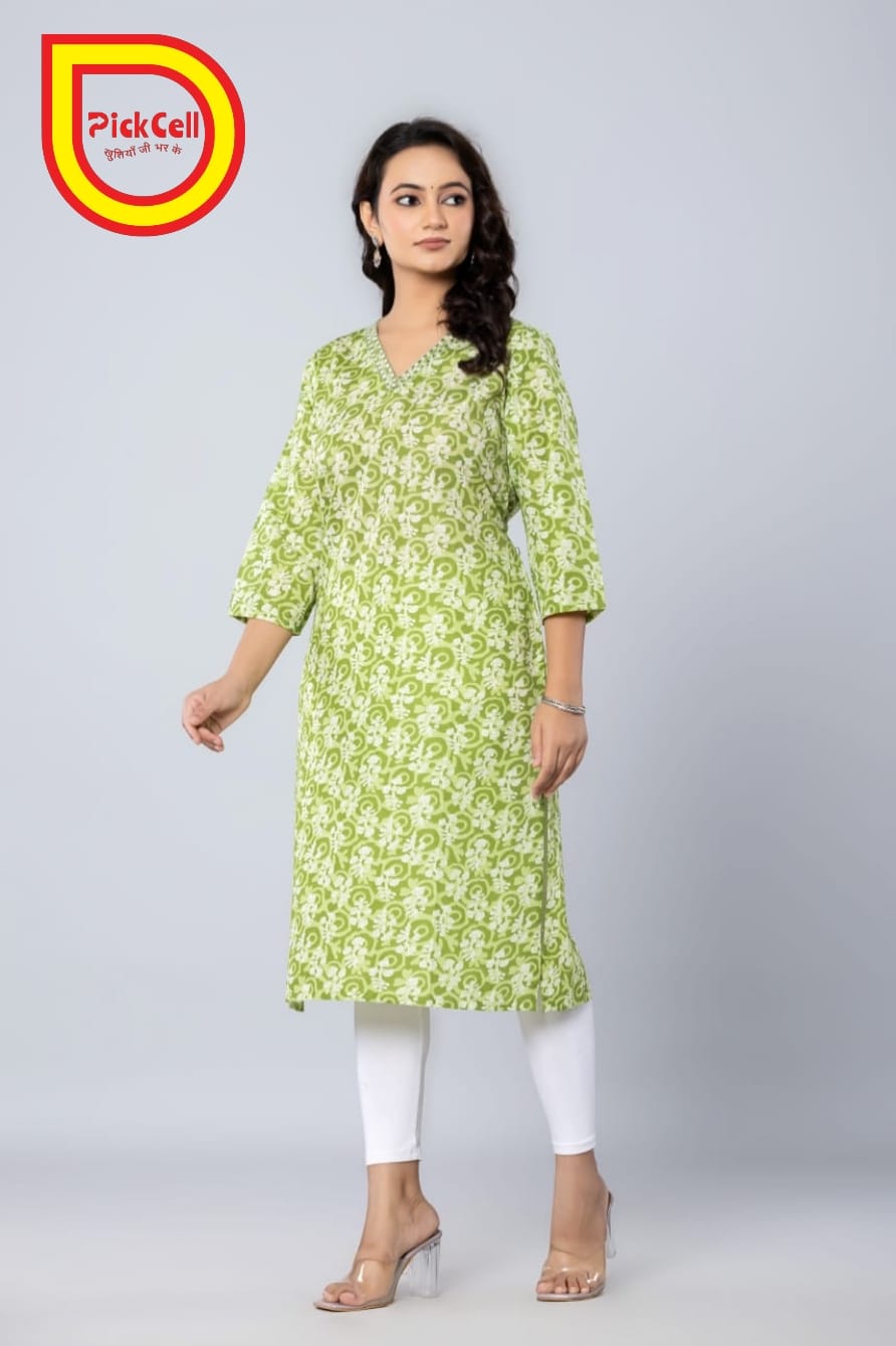 PickCell Printed Long Kurti – Poly Cotton Fabric (Green)