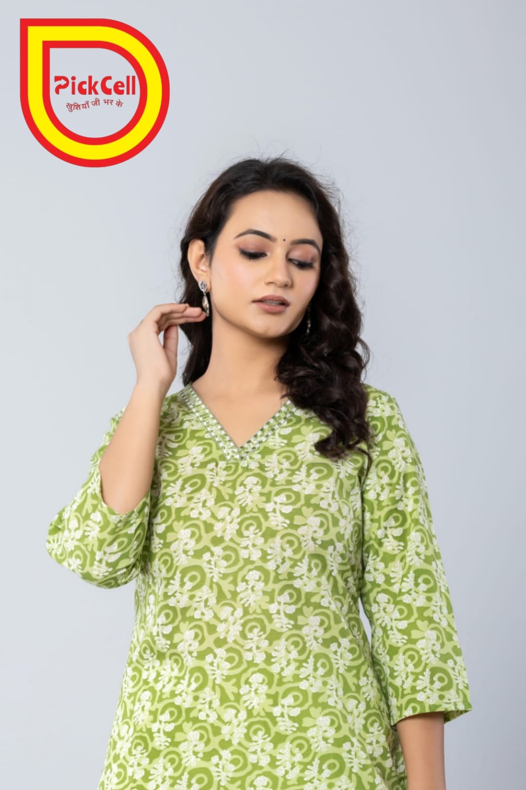 PickCell Printed Long Kurti – Poly Cotton Fabric (Green)