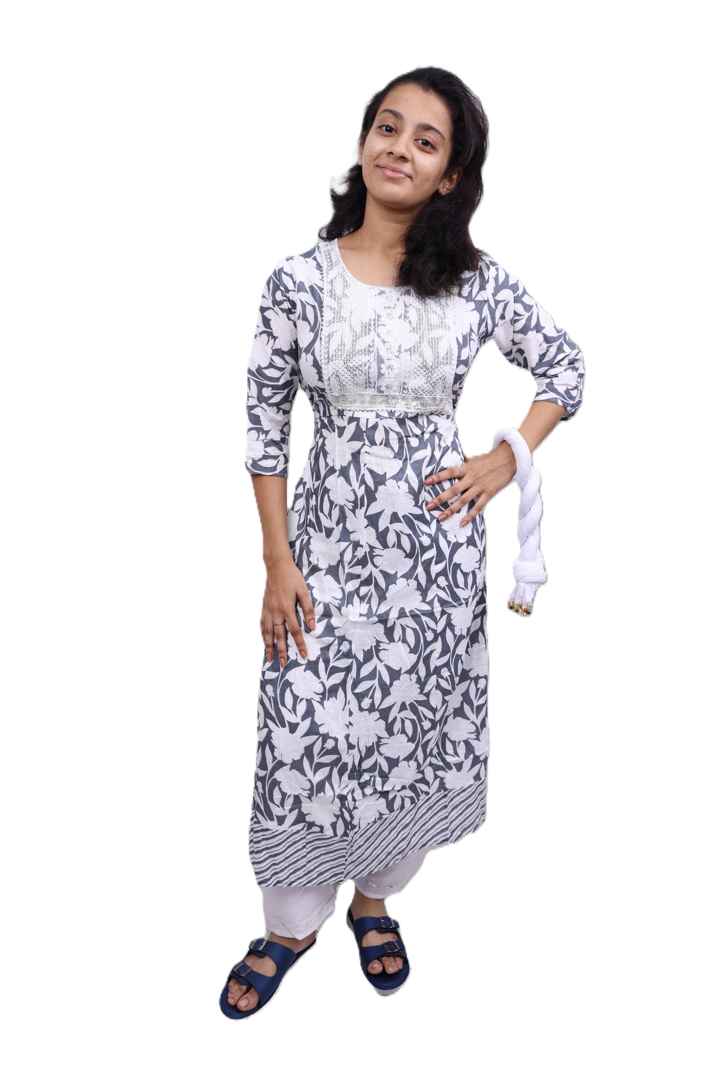 PickCell Triveni Sangam Embroidery Cotton Kurti with Pyajama and Dupatta