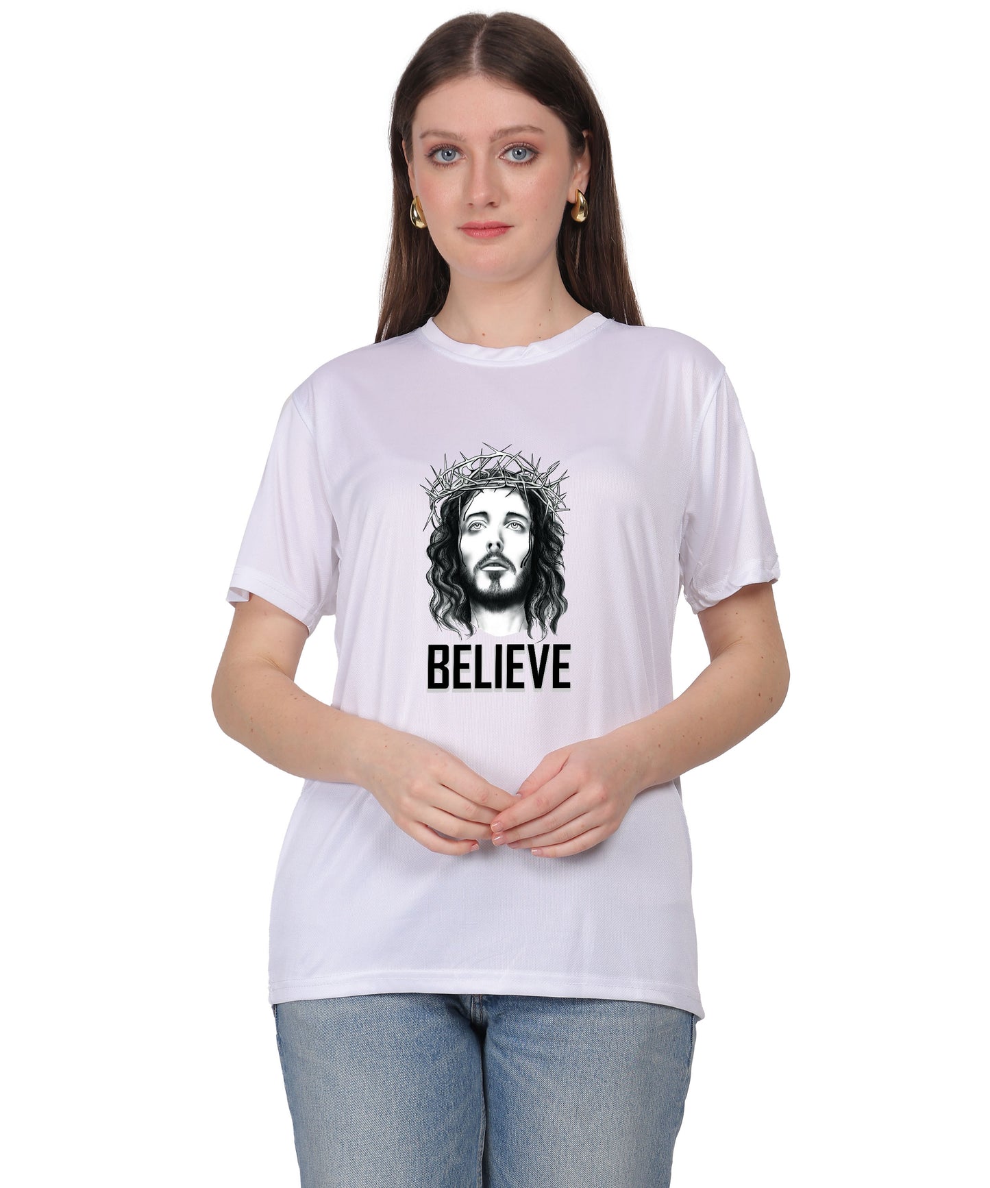 Religious Graphic T-Shirt, Red Cotton Blend, Short Sleeve, Believe Design