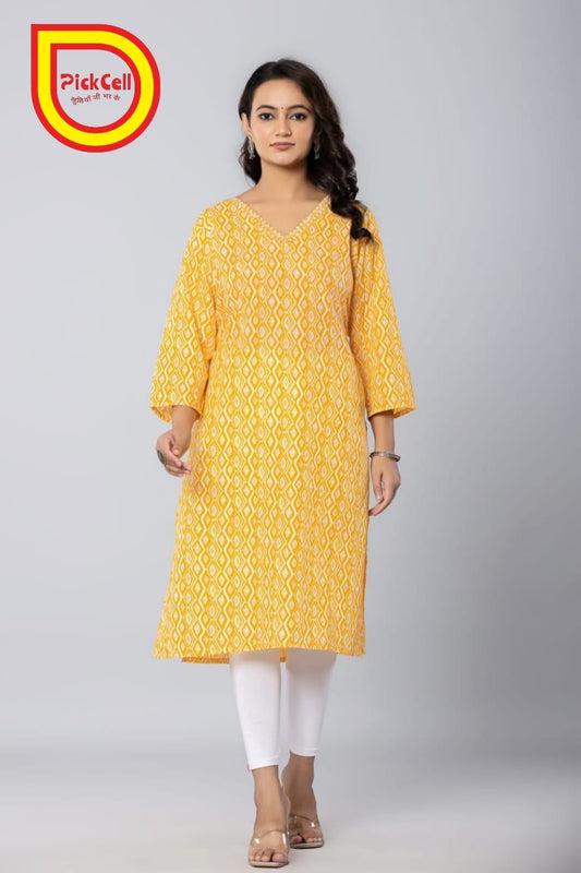 PickCell Printed Long Kurti – Poly Cotton Fabric (Yellow)
