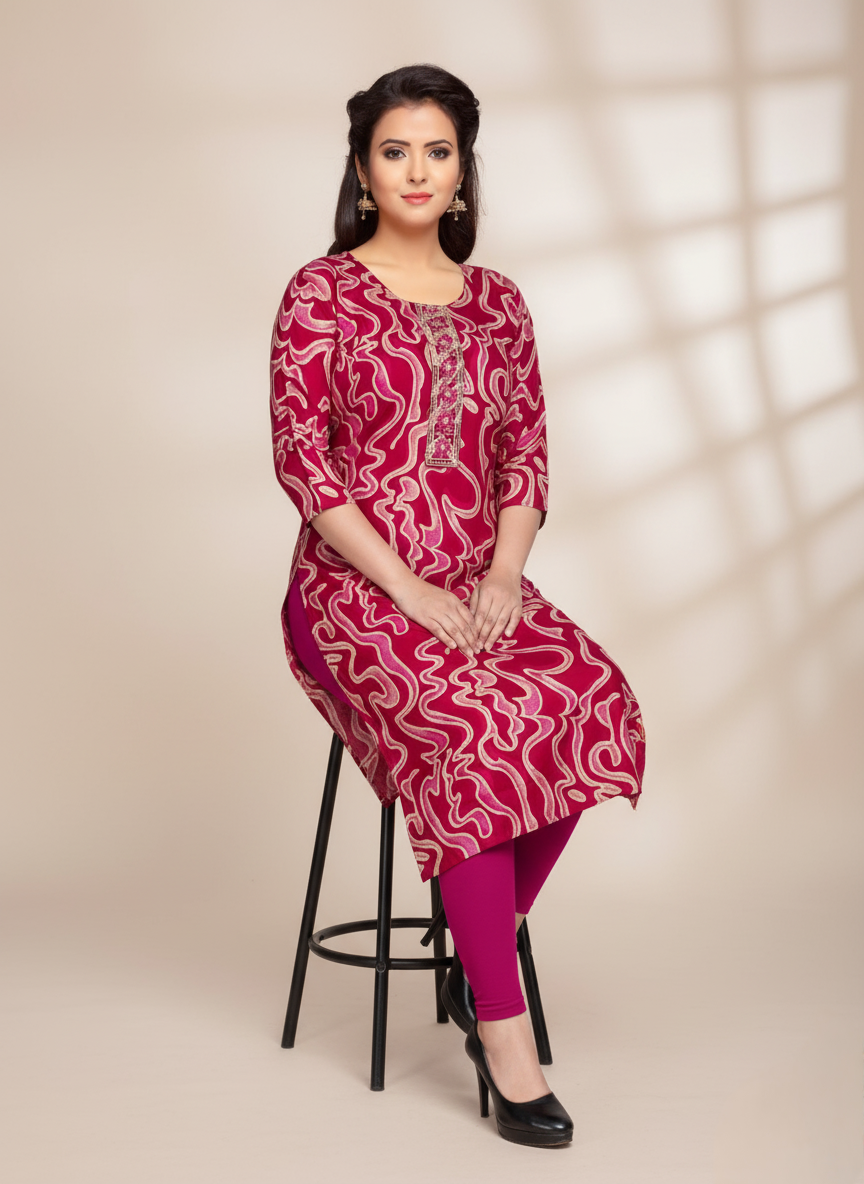 PickCell Komal Foil Print Full Sleeves Kurti  Rayon Fabric
