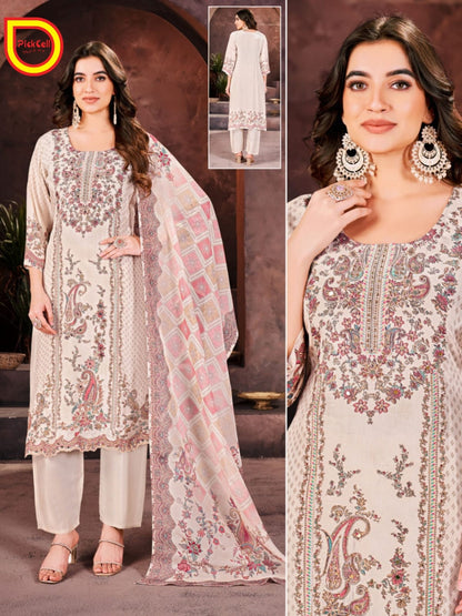 PickCell Digital Print Kurti set with Embroidery & Mirror Work – Crape Fabric | Cream Bell (Cream Color)