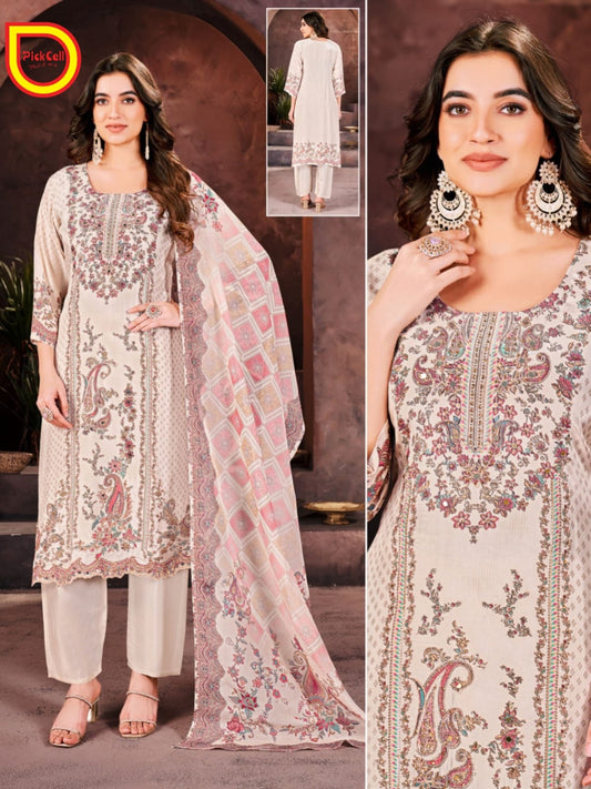 PickCell Digital Print Kurti with Embroidery & Mirror Work – Crape Fabric | Cream Bell (Cream Color)